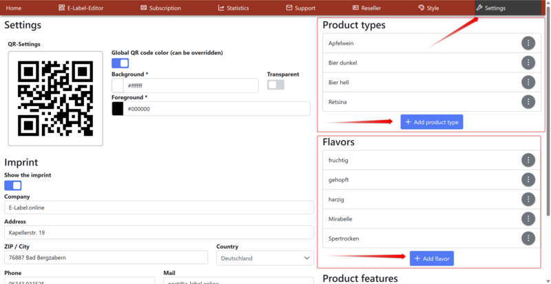 Open settings: Create product types and flavours