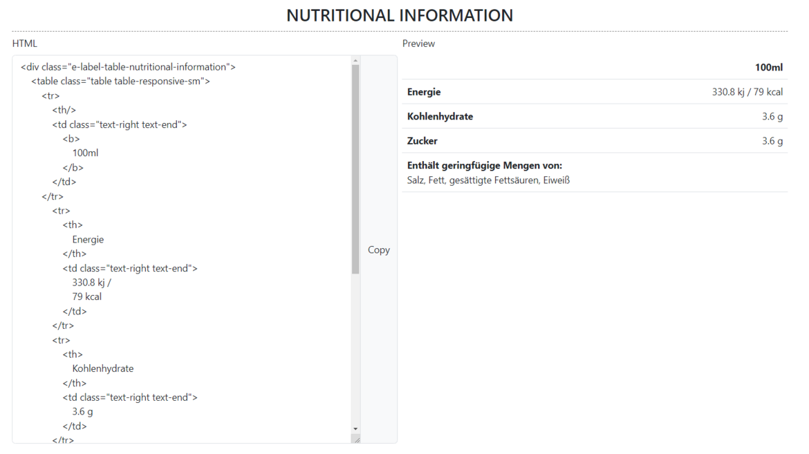 Export e-label data nutritional values for online shop and social media