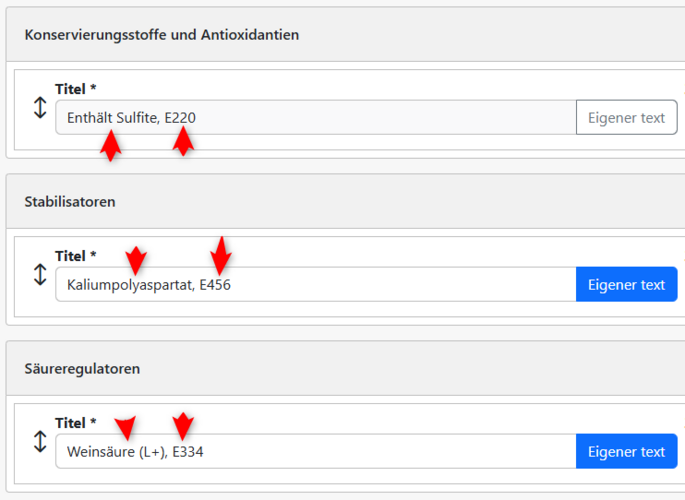 Angaben mit Bezeichnung und E-Nummer