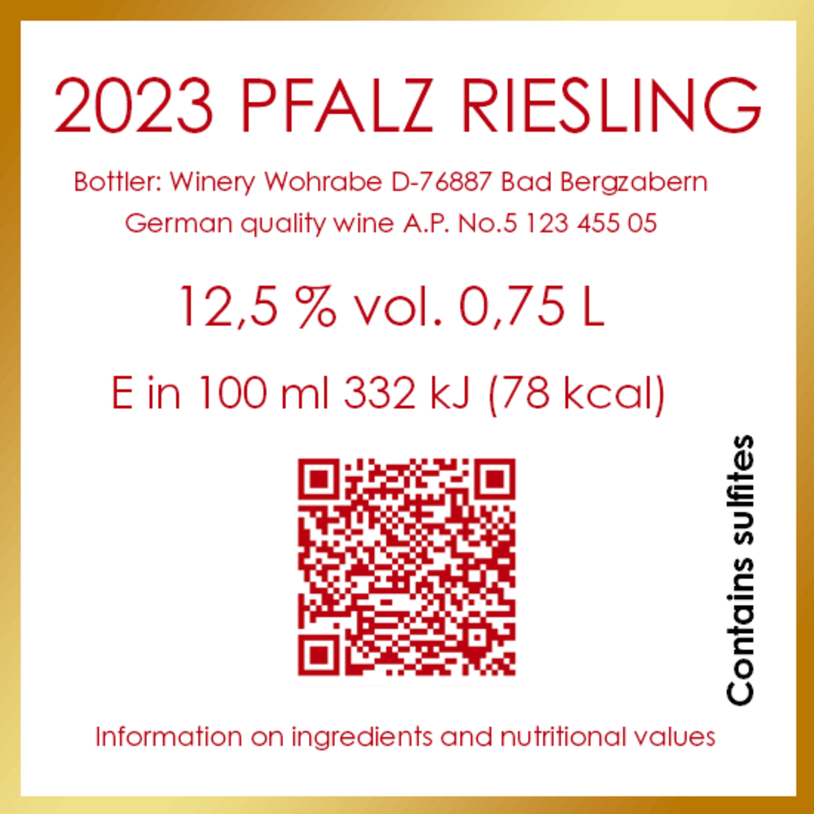 Illustration: Wine label, with calorific value information, allergen labeling, without list of ingredients and with QR code leading to an e-label. Allergen labeling can still be done outside the field of view with an e-label.  