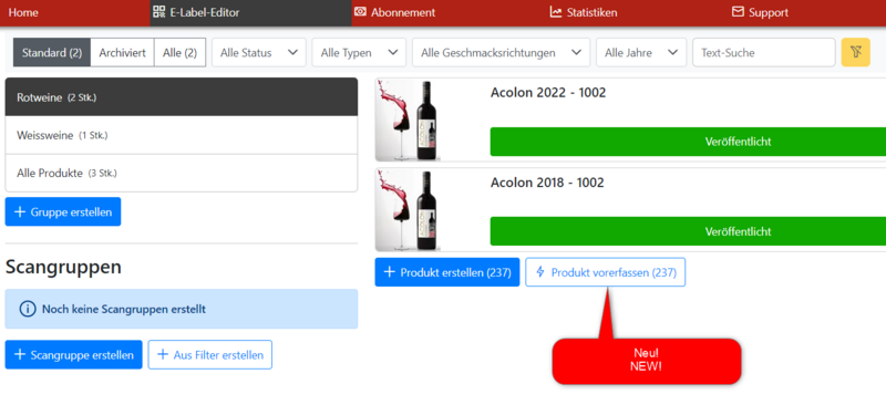 Das vorerfassen der Produkte 
