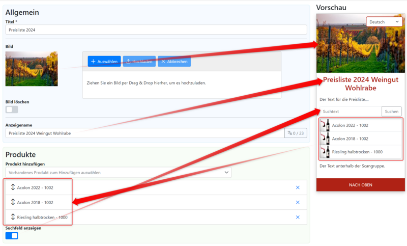 Overview of the scan group for a wine price list Overview of the scan group for a wine price list