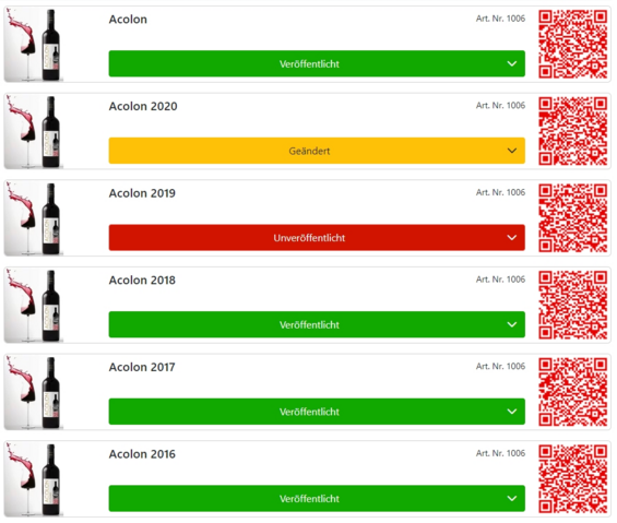 Lijst met de belangrijkste gegevens incl. QR-code voor direct scannen, de productafbeelding en de status