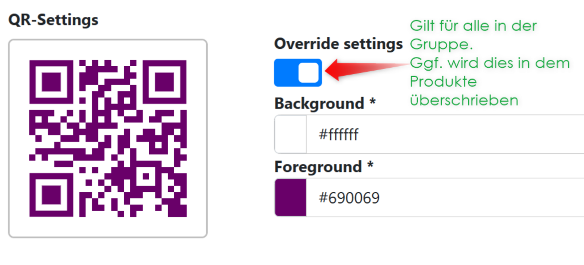 Colour setting per product group for the wine label QR code.